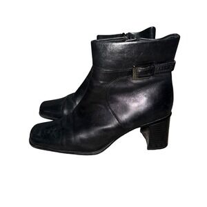 Y2K Women's Black Leather Square‎ Toe Block Heel Ankle Boots Size 7M
